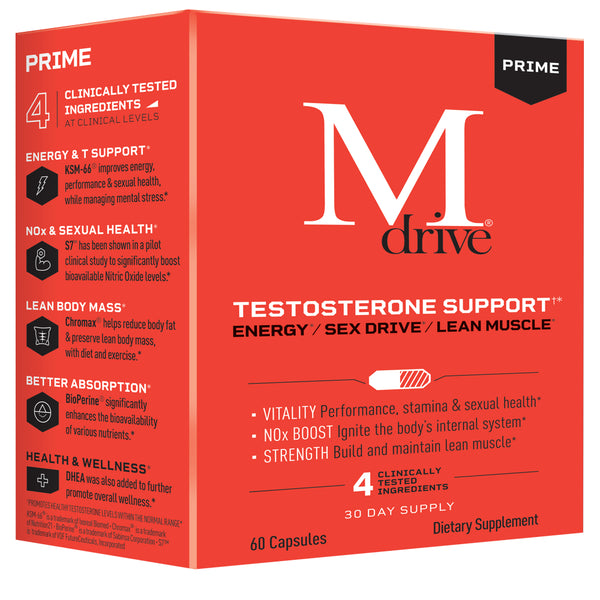 Mdrive Prime - Testosterone Support for Men, Max Energy, Stress Relief and Lean Muscle, KSM-66 Ashwagandha, S7 Nitric Oxide Booster, Bioperine and DHEA, 60 Capsules.