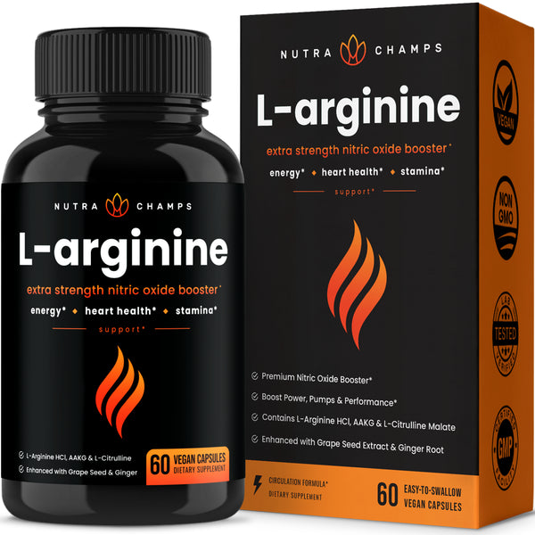 Nutrachamps Premium L Arginine Supplement | 5-In-1 Nitric Oxide Supplement | L-Arginine Powder & L Citrulline Enhanced with Grape Seed & Ginger | Energy, Blood Flow, Heart Health & Stamina | 60 Count