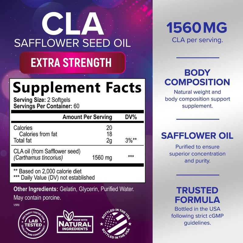 Conjugated Linoleic Acid CLA 1560Mg - Extra High Potency CLA Supplement Pills - Improve Body Composition & Lean Muscle Tone, Metabolism & Energy - Nature'S Safflower Capsules, Non-Gmo - 120 Softgels