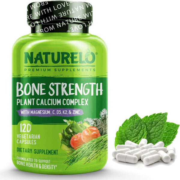 NATURELO Bone Strength - Plant-Based Calcium, Magnesium, Potassium, Vitamin D3, Vit C, K2 - GMO, Soy, Gluten Free Ingredients - Whole Food Supplement for Bone Health - 120 Vegan Friendly Capsules