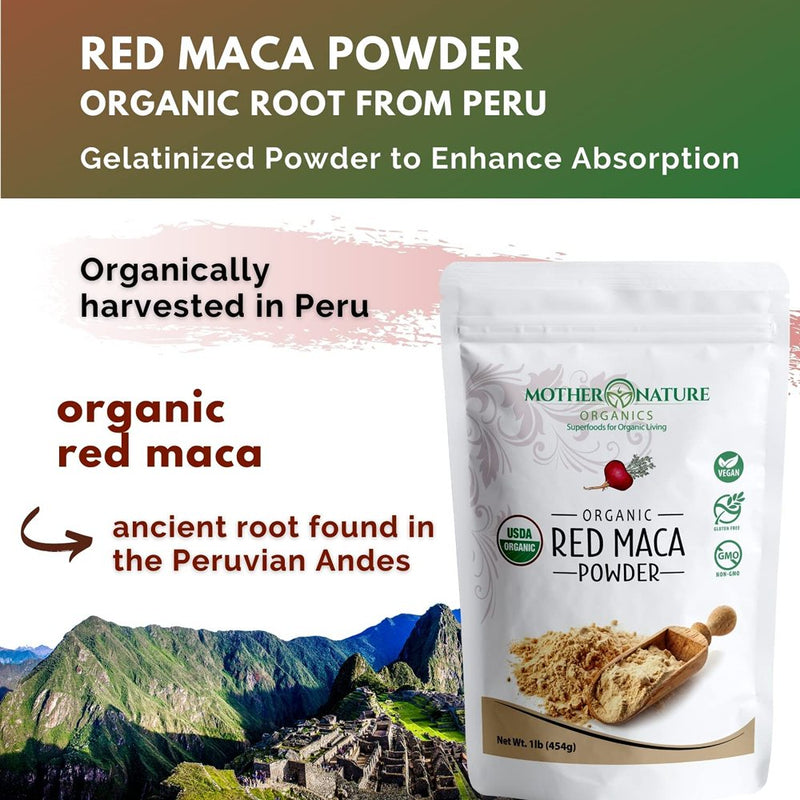Red Maca Root Powder for Men & Women | 100% Organic, Vegan, Gluten-Free, and Non-Gmo | Pre Workout, Muscle Mass Gainer Recovery, Energy Drink Powder, Hormone Balance, Prostate Supplements - (16 Oz)