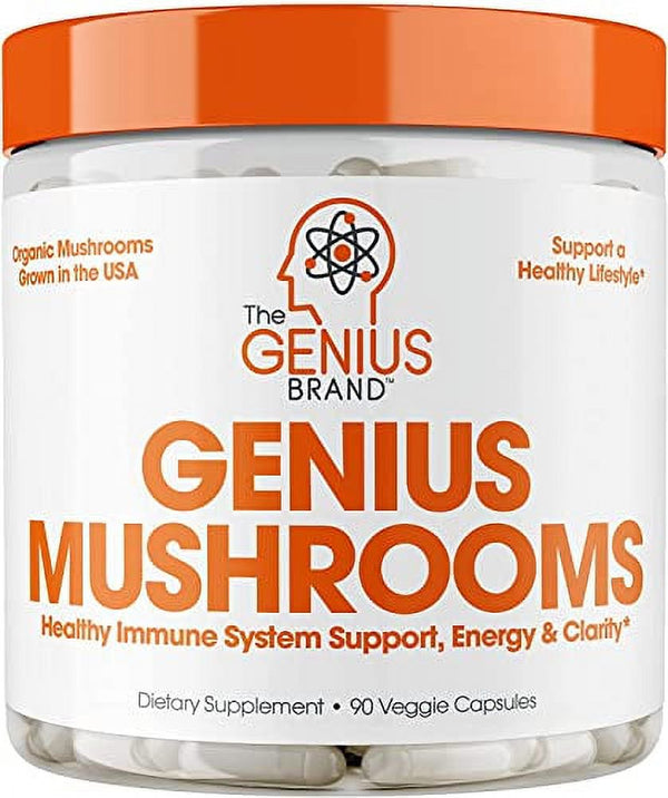 Genius Mushroom - Lions Mane, Cordyceps and Reishi - Immune System Booster & Nootropic Brain Supplement - Wellness Formula for Natural Energy, Stress Relief, Memory & Liver Support, 90 Veggi