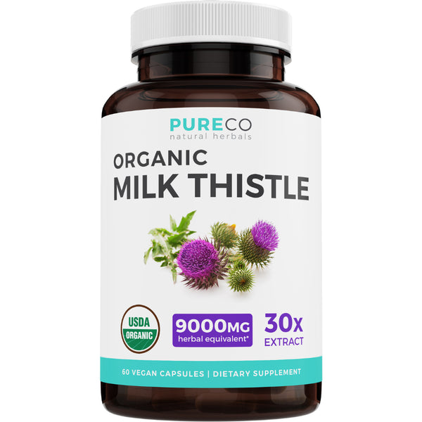 Pure Co. Organic Milk Thistle Extract (Vegan) - Super-Concentrated 30:1 Extract for 9,000Mg of Milk Thistle Herb Power - Silyamin Marianum - Supports Cleanse & Detox - 60 Capsules