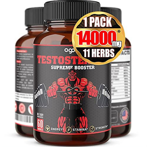 Ultimate T-Booster Supreme Supplement, 11 Concentrated Herbs Equivalent to 14000Mg Powder- Ashwagandha, Tribulus Terrestris, Ginseng Roots, and More - 60 Capsules - 1 Month Supply