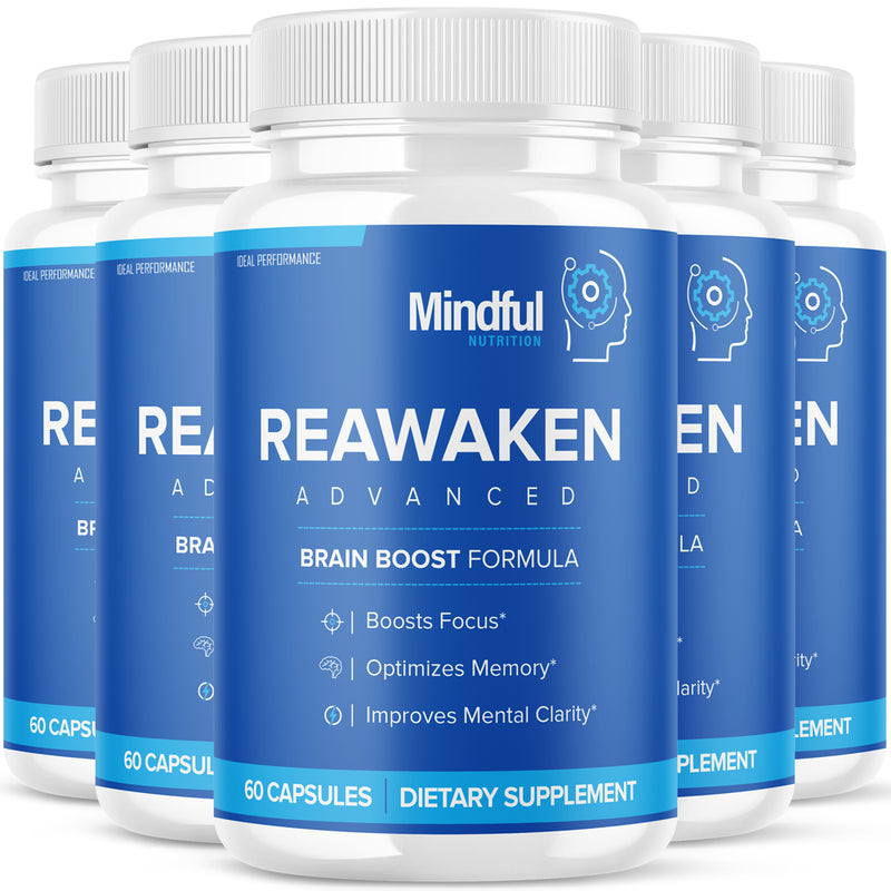 Reawaken Advanced Brain Boost Formula - Boost Focus, Optimize Memory, Improve Mental Clarity - 5 Pack (150 Day Supply) 300 Capsules