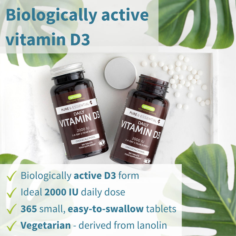 Pure & Essential Daily Vegetarian Vitamin D3 2000Iu, Cholecalciferol, 365 Small Tablets