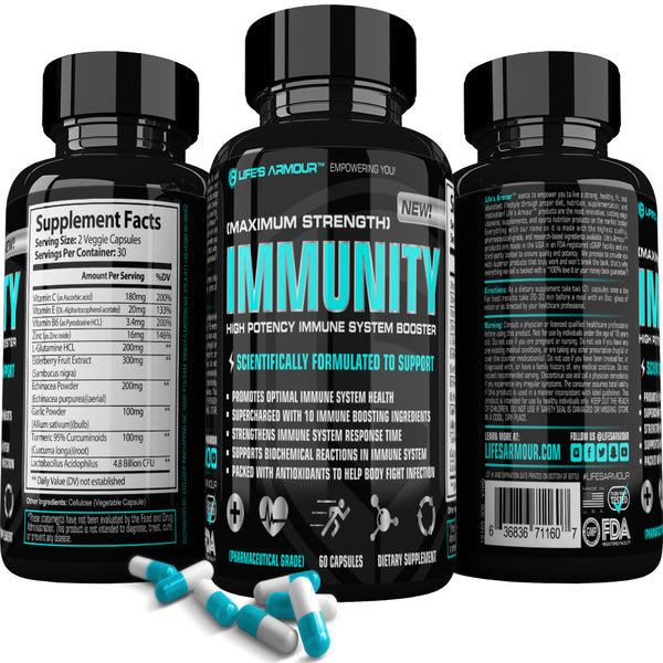 IMMUNITY™ Immune Support System Booster Supplement with Vitamin C, Zinc, Vitamin D, Elderberry, Echinacea, Vitamin E, Vitamin B, L-Glutamine, Garlic Extract, Turmeric, and Probiotics