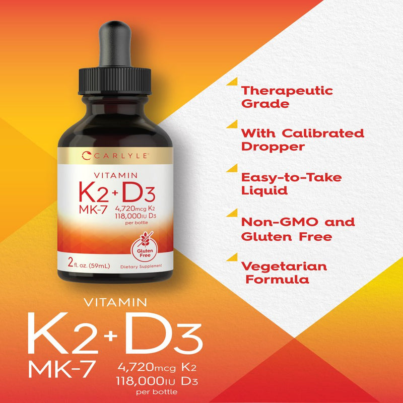 Vitamin K2 MK7 and D3 Liquid Drops | 2 Fl Oz | Vegetarian Supplement | by Carlyle