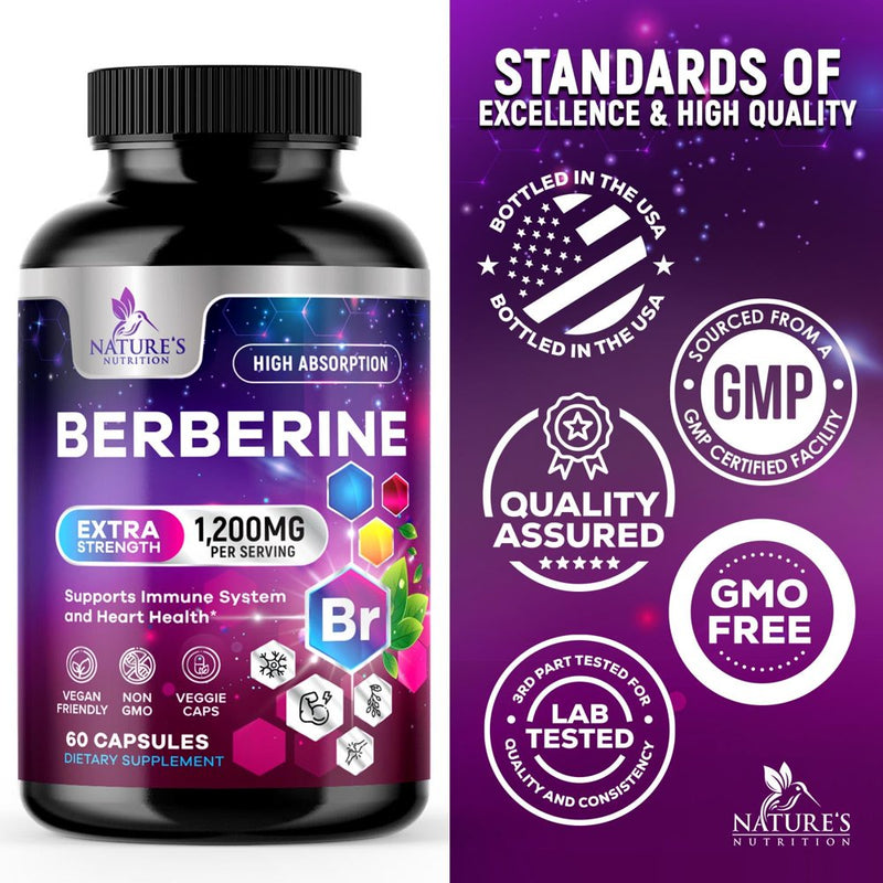 Berberine Supplement 1200Mg per Serving - High Absorption Heart Health Support & Immune System Support - Berberine plus - Berberine HCL Supplement Pills, Gluten-Free, Non-Gmo - 60 Veggie Capsules