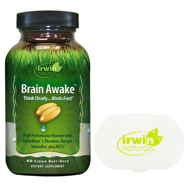 Irwin Naturals Brain Awake Think Clear Work Fast Energy Boost 60 Count with Pill Case