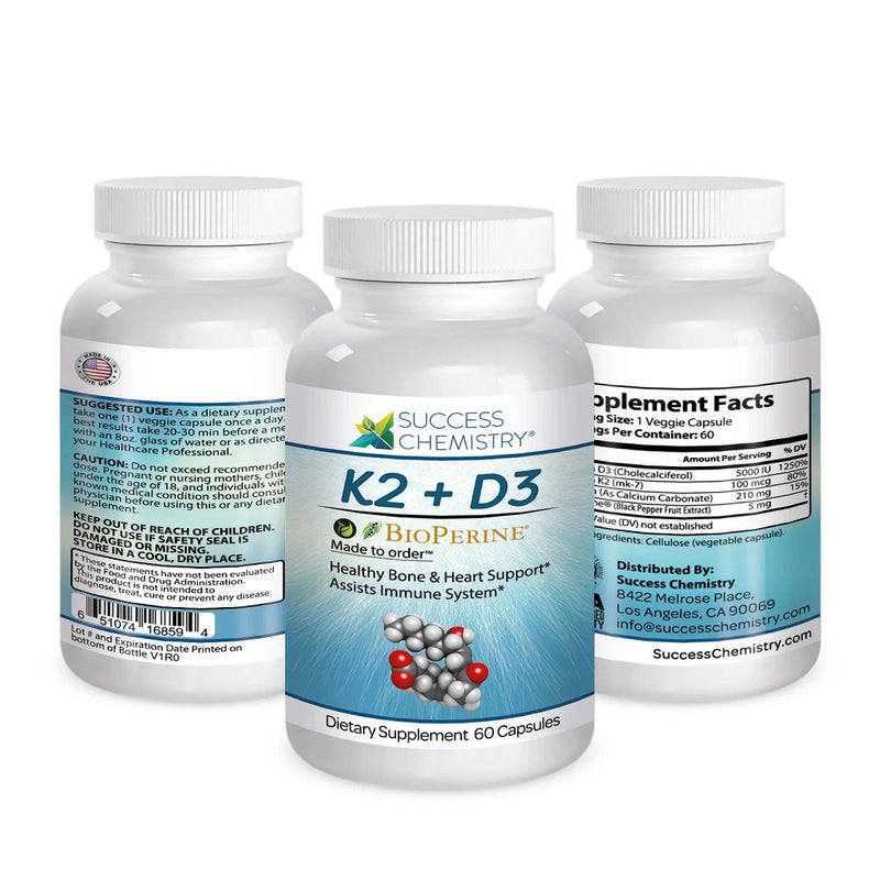Vitamin K2+D3 Supplement with Bioperine Black Pepper K2 and D3 for Heart Health, Stronger Bones & Immune System - 60 Capsules