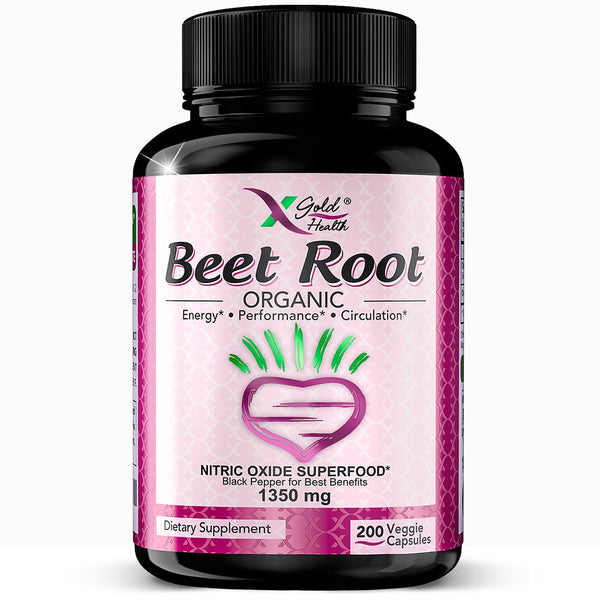 Organic Beet Root Powder Capsules 1350Mg, 200 Veggie Pills with Black Pepper for Extra Absorption by X Gold Health