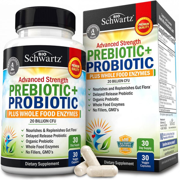 Bioschwartz Prebiotic + Probiotic plus Whole Food Enzymes | for Complete Digestive Support | 30 Ct