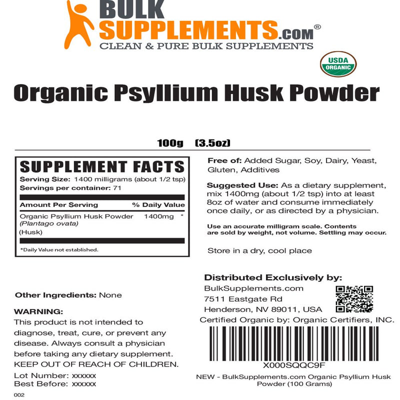 Bulksupplements.Com Organic Psyllium Husk Powder, 1400Mg - Fiber Supplement for Digestive Support (100G - 71 Servings)