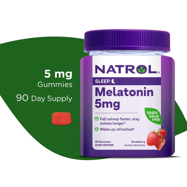 Natrol Melatonin Sleep Aid Gummies, Fall Asleep Faster, Strawberry, 5Mg, 90 Count