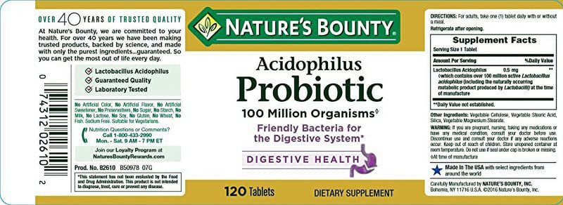 Nature'S Bounty Probiotic Acidophilus Tablets, Digestive Health 120 Count
