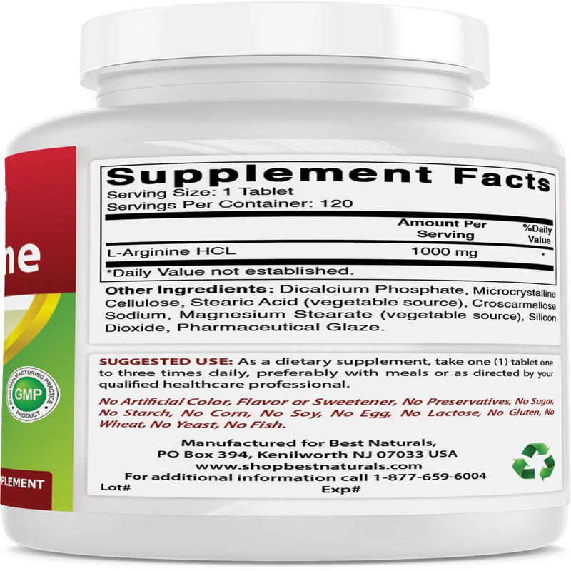 2 Pack Best Naturals L-Arginine 1000 Mg 120 Tablets (Pharmaceutical Grade) | L Arginine Supplement Promotes Nitric Oxide Synthesis (Total 240 Tablets)