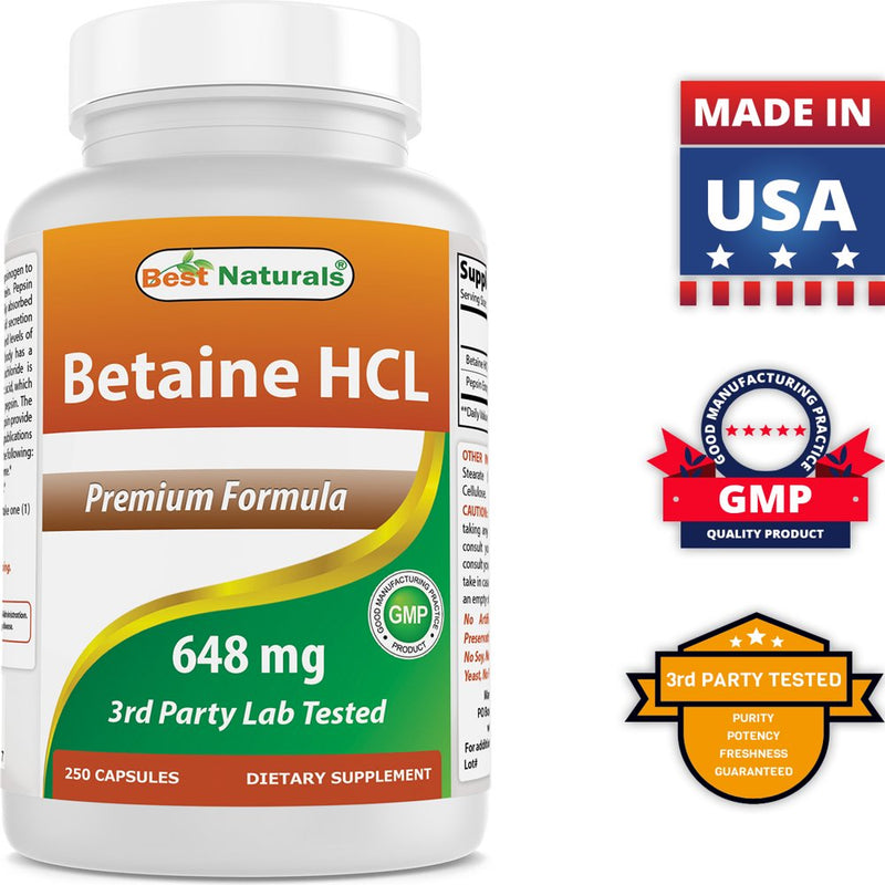 3 Pack Best Naturals Betaine HCL 648 Mg 250 Capsules