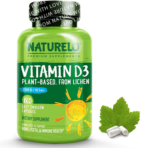 NATURELO Vitamin D3 - 2500 IU - Plant Based from Lichen - Natural Vegan D3 Supplement for Immune System, Bone Support, Joint Health - Non-Gmo - Gluten Free - 180 Mini Capsules