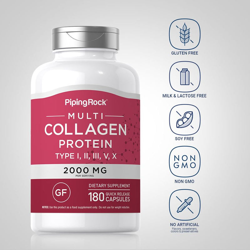 Multi Collagen Protein | 180 Powder Capsules | 2000Mg | Types I, II, III, V, X Pills | Non-Gmo, Gluten Free | by Piping Rock