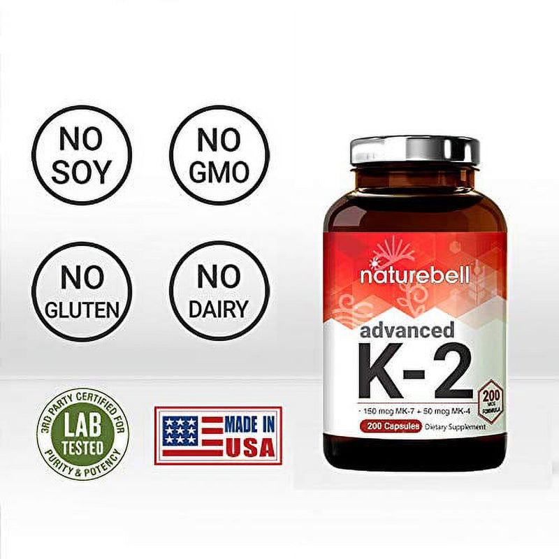 Advanced Vitamin K2 Supplement with MK-7 & MK-4, 200 Mcg, 200 Capsules, Vitamin K2 Complex Supplement, Supports Joint and Heart Health, Non-Gmo