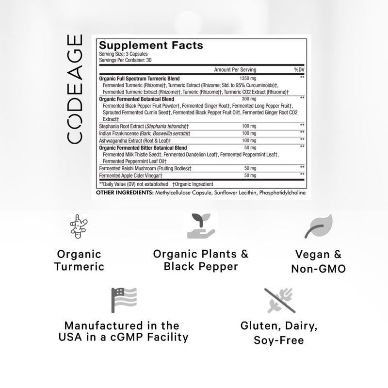 Codeage Fermented Turmeric, Organic Turmeric 95% Curcuminoids, Fermented Botanicals Digestive Bitters, 90 Ct