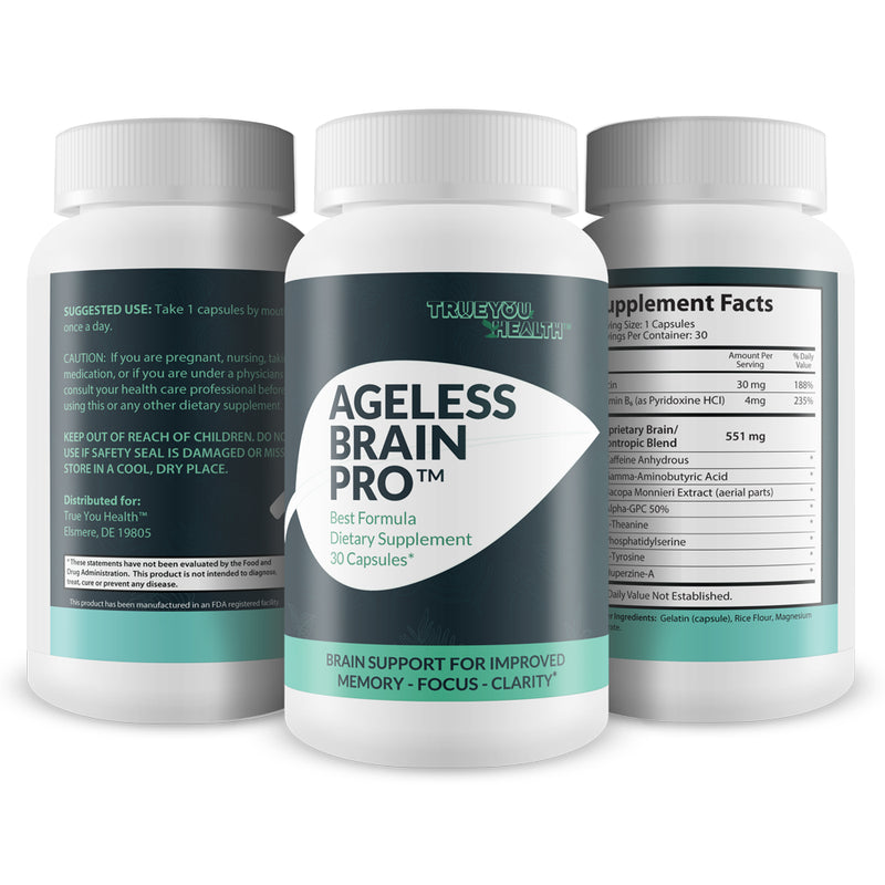 Ageless Brain Pro - Brain Support for Improved Memory - Focus - Clarity - Aid Cognitive Health & Brain Health - Nootropic Formula with Caffeine + L-Theanine for Physical & Mental Energy - Brain Pills