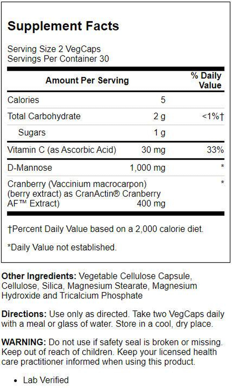 Solaray D-Mannose W/ Cranactin Cranberry Extract 1000Mg W/ Vit C , Healthy Urinary Tract Support (60 CT)