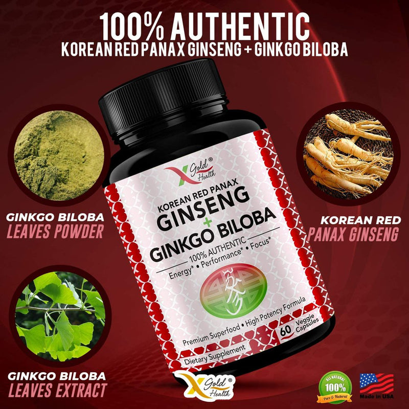 Korean Red Panax Ginseng 1200Mg + Ginkgo Biloba - Extra Strength Root Extract Powder Supplement W/High Ginsenosides Vegan Capsules for Energy, Performance & Focus Pills for Men & Women