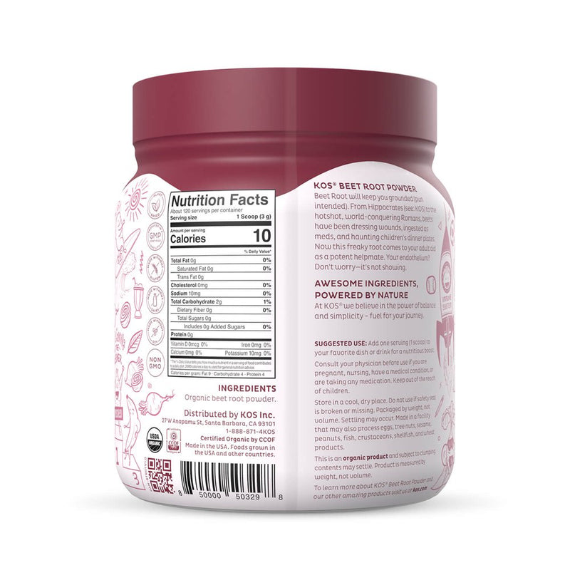 KOS Organic Beet Root Powder, Natural Nitric Oxide Booster, 12.7Oz, 90 Servings