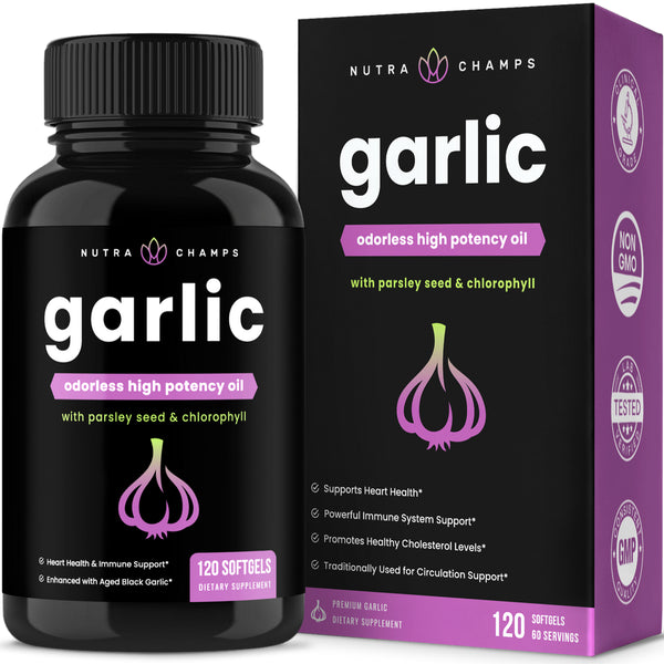 Nutrachamps Odorless Garlic Pills - Extra Strength 1000Mg Dose - Parsley, Chlorophyll & Aged Black Garlic Extract - 120 Softgels