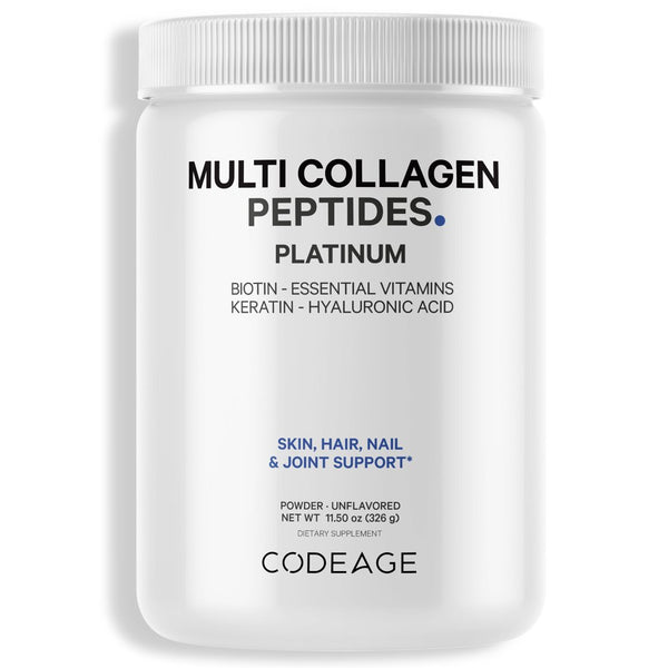 Codeage Multi Collagen Protein Powder Platinum, Biotin, Vitamin C, B, D3, Keratin, Hyaluronic Acid, 11.50 Oz
