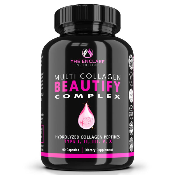 Collagen Pills Multi Collagen Complex Type I, II, III, V, X - Hydrolyzed Collagen Peptides Capsules, Hair Skin and Nails Vitamins, Joint Support, 90 Ct. - Enclare Nutrition Beautify