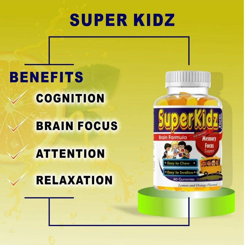 Superkidz Brain Focus Omega 3 Gummies for Kids (Pack of 2), Brain Booster Supplement for Focus, Memory, Clarity, Energy, Tasty Delicious Fruit Flavor