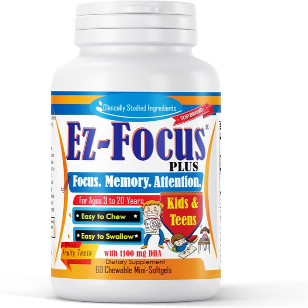 Ez Focus plus Brain Booster Kids Supplements, Support Kids Focus and Attention, Memory, Concentration, Clarity, Focus Supplement for Children and Teens, Brain Support Kids Memory Vitamins- 60 Ct