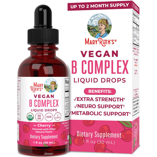 Maryruth Organics | USDA Organic Vegan Vitamin B Complex Liquid Drops | Cherry Flavor | Vegan, Non-Gmo | 1 Fl Oz / 30 Ml