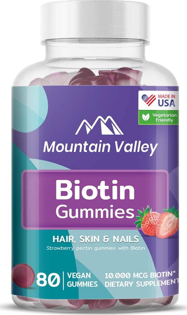 (80 Gummies) Biotin Gummies 10,000 mcg, Hair Skin and Nails Gummies, Hair Growth Gummies for Women Men, Vegan, Non-GMO, Pectin-Based, Delicious Strawberry Flavor, Mountain Valley