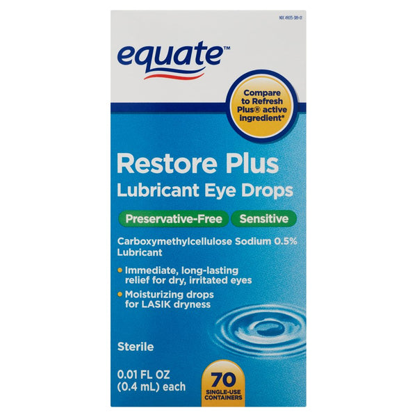 Equate Restore plus Carboxymethylcellulose Sodium Lubricant Eye Drops, 0.1 Fl Oz, 70 Count