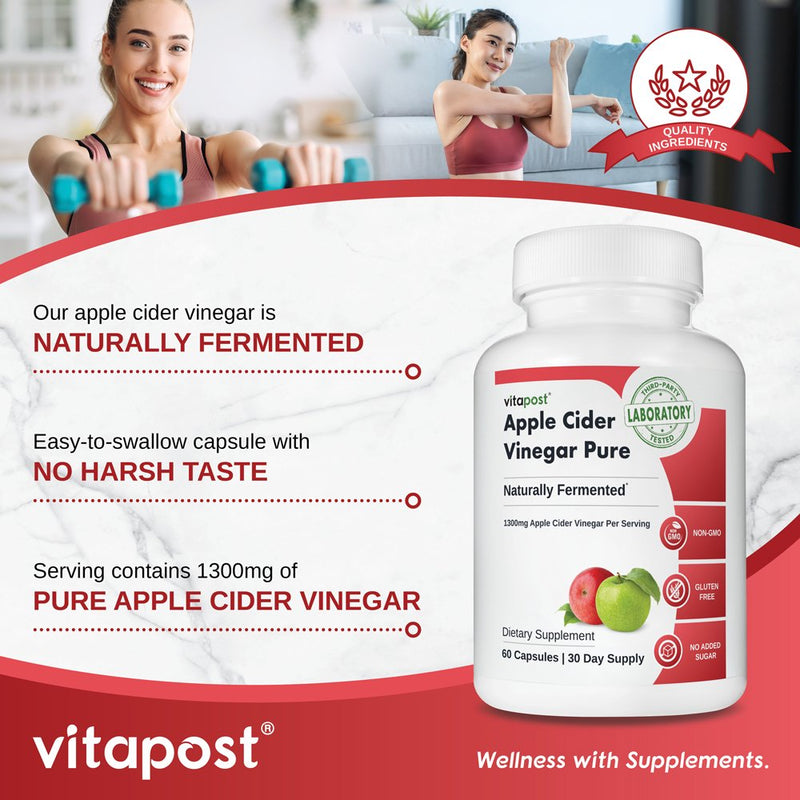 Vitapost Apple Cider Vinegar Pure Supplement, Naturally Fermented, No Harsh Taste - 60 Capsules