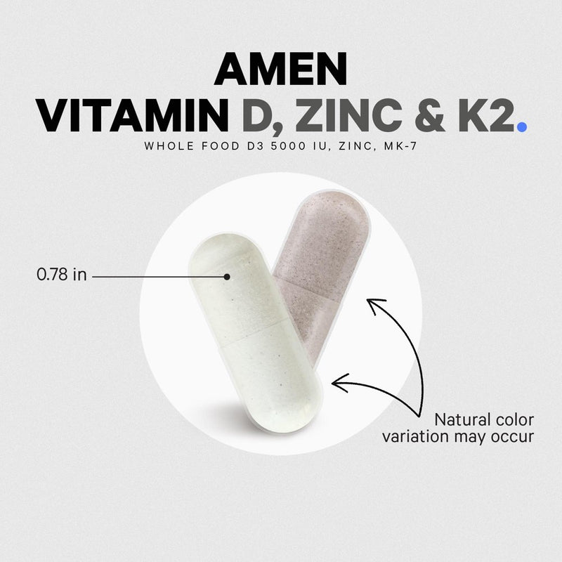 Amen Vitamin D, K2 & Zinc, Cholecalciferol D3 5000 IU, Organic Whole Food Blend, Non-Gmo, 60 Ct