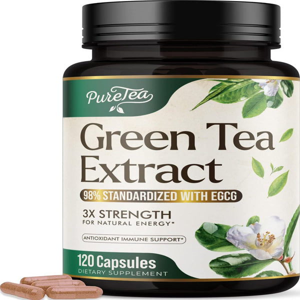 Puretea Green Tea Extract Pills 1000Mg with EGCG - 98% Standardized Polyphenols - 3X Absorption Green Tea Capsules for Natural Energy - Heart Support with Antioxidants, Gentle Caffeine - 120 Capsules