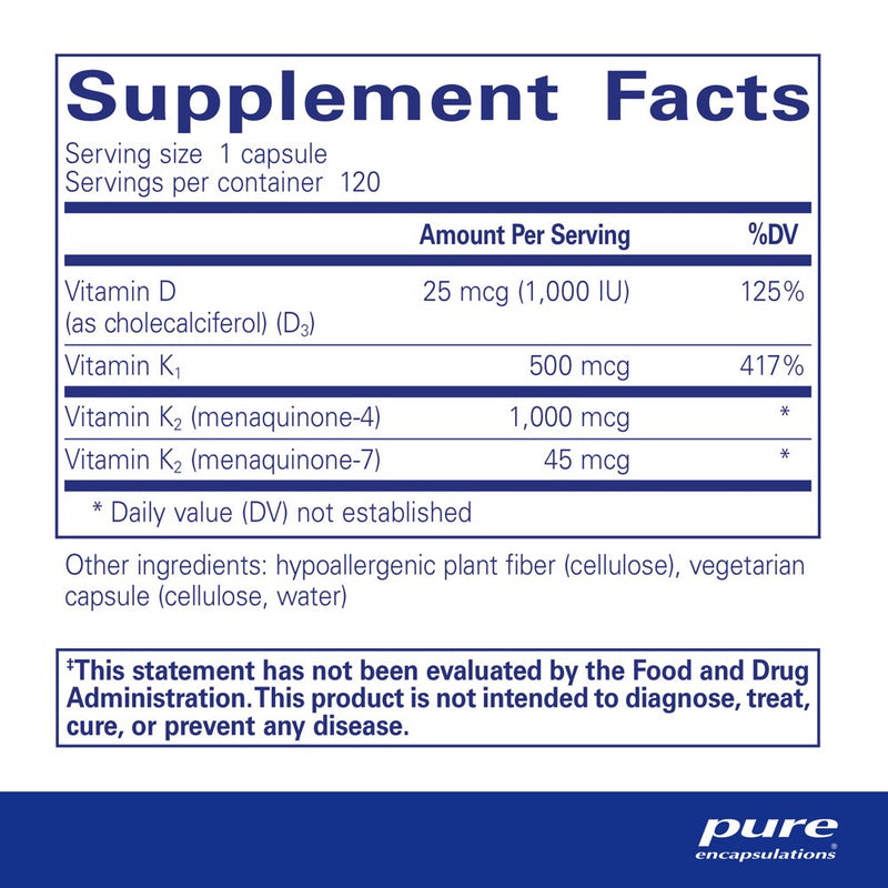 Pure Encapsulations Synergy K | Supplement with Vitamin K1, K2, and D3 to Support Bones, Blood Vessels, Vascular Elasticity, and Calcium Utilization* | 120 Capsules