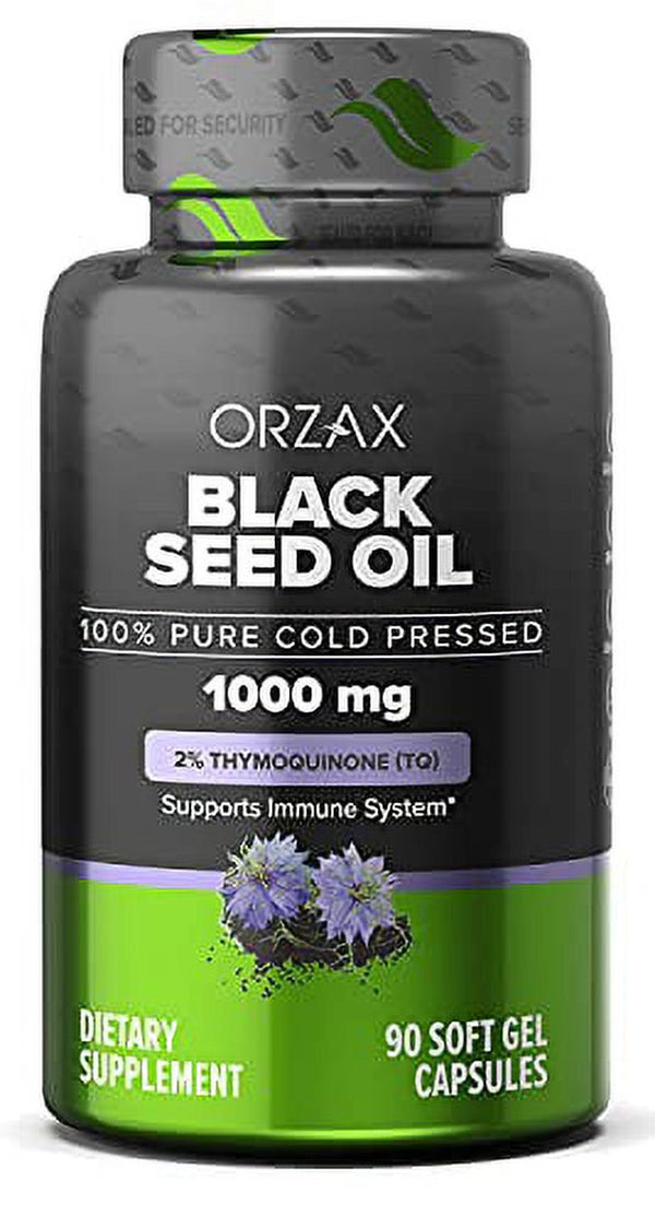 ORZAX Black Seed Oil Capsules, 90 Days Supply, 2% Thymoquinone, Non-Gmo, Gluten Free, Cold Pressed Black Cumin Pills, Nigella Sativa Supports Immune System, Joints, Hair Growth, Skin