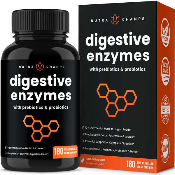 Nutrachamps Digestive Enzymes with Probiotics and Prebiotics | 180 Servings, Vegan Digestion Supplement with Bromelain | Bloating Relief for Women & Men | Relieve Constipation, Gas, IBS, & More