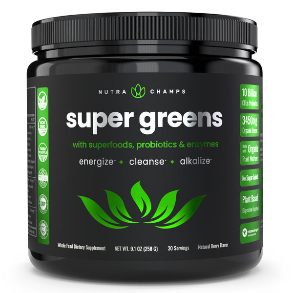 Nutrachamps Super Greens Powder Premium Vegan Superfood | 20+ Organic Green Veggie Whole Foods | Wheat Grass, Spirulina, Chlorella & More | Antioxidant, Digestive Enzyme & Probiotic Blends