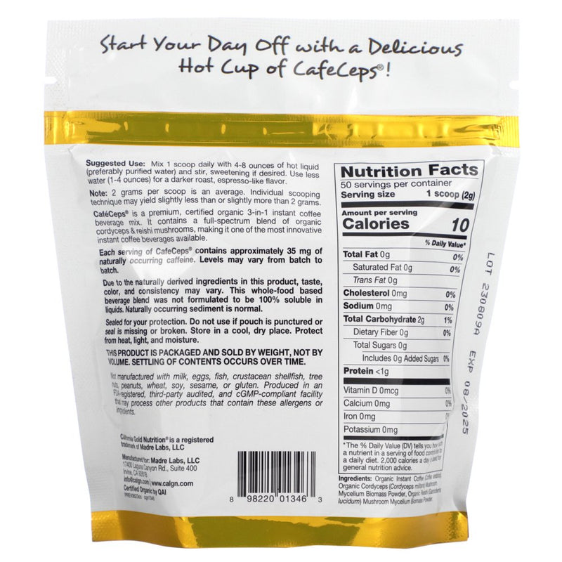 California Gold Nutrition Cafeceps, Certified Organic Instant Coffee with Cordyceps and Reishi Mushroom Powder, 3.5 Oz (100 G)