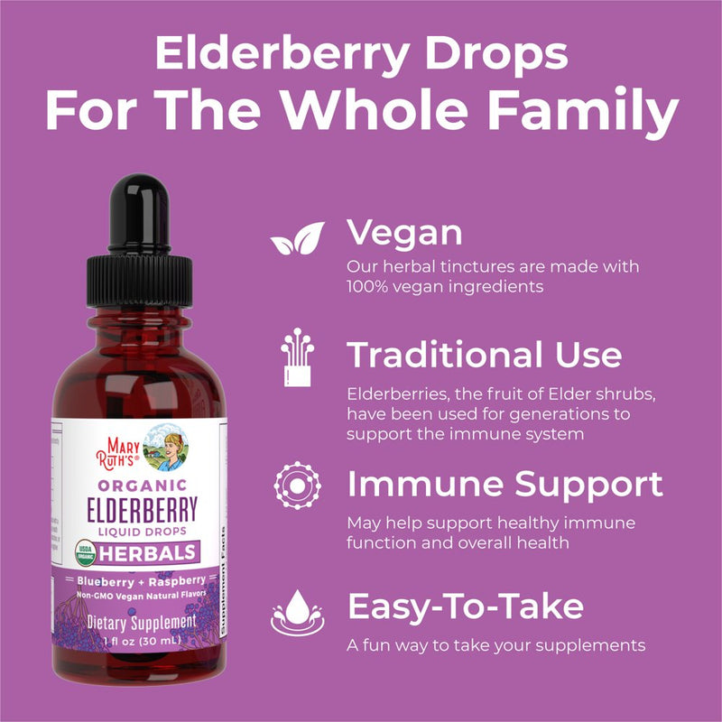 Maryruth Organics Organic Elderberry Liquid Drops, Herbals, Blueberry + Raspberry, 1 Fl Oz (30 Ml)