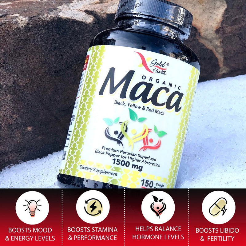 X Gold Health Organic Maca Root Powder Capsules Black, Yellow & Red Maca Pills 1500 Mg, 150 Count