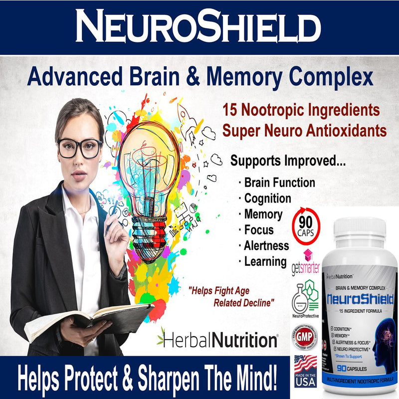 Neuroshield Advanced Memory Formula, Brian Boosting Ingredients, Bacopa, Huperzine-A & More Three Bottles