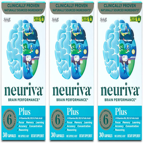 Neuriva plus Brain Health Supplement (30 Count), Brain Support with Natural Ingredients (Coffee Cherry & Plant Sourced Phosphatidylserine), 3 Pack